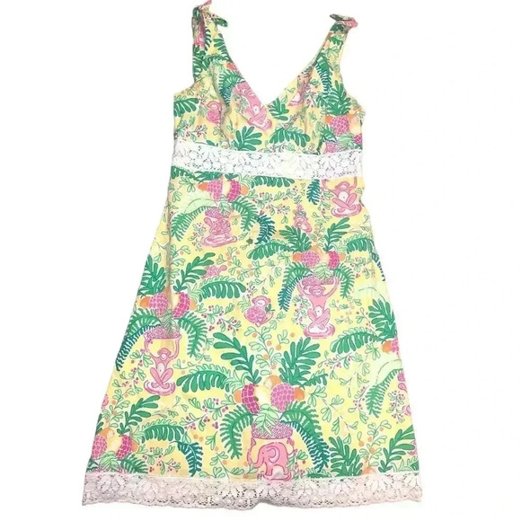 Lilly Pulitzer Womens Rylen Dress 4 Yellow Lemon Sorbet Monkey Lace Tropical - Picture 1 of 5